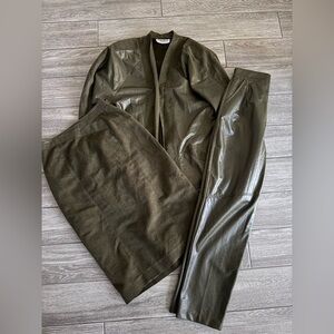 Olive Green Pleather Jacket and Pants and skirt Set